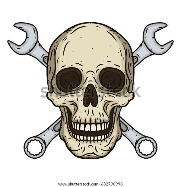 Vector illustration of\
human skull with two crossed wrenches in hand drawn style \
Vector\
skull with spanner