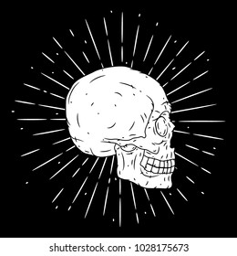Vector illustration with human skull . Used for poster, banner, t-shirt print, bag print, badges and logo design. Skull