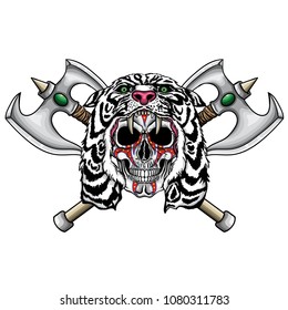 Vector illustration of human skull with war paintings and white lion hood and two fantastic medieval axes.