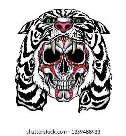 Vector illustration of human skull with war paintings and white lion hood.