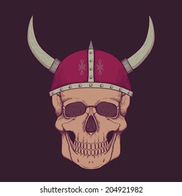 Vector illustration with human skull wearing viking helmet