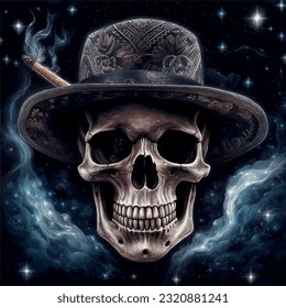 vector illustration of a human skull wearing a cowboy hat with smoke effect eps.10