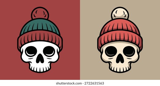 Ilustración vectorial de un cráneo humano que lleva un sombrero de gorro de invierno con Pom-Pom, diseño plano minimalista para Streetwear y pegatinas