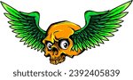 vector illustration of Human skull with wings on white background.