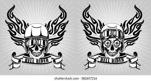 Vector illustration human skulls with biker helmet and glasses
