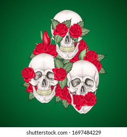 Vector illustration of human skulls with flowers roses I dont say I do not see I do not hear