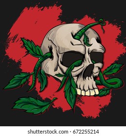 Vector illustration of human skulls sprouting roots with foliage