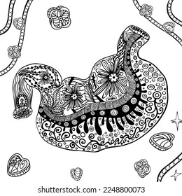 Vector illustration of a human stomach. Colouring book for adults anti-stress. Stylised illustration of black and white human stomach, internal organs