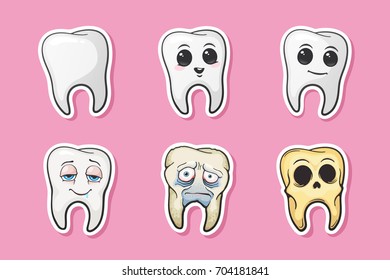 Vector illustration. Human tooth, happy tooth, sad sick tooth and skull of tooth. Symbols of oral hygiene. Set of stickers in cartoon style with contour. Isolated on pink background