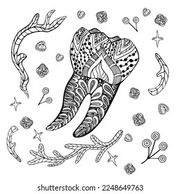 Vector illustration Human tooth. Line colouring anatomy draws decorative curves, creative mind, learning and design. Adult anti-stress colouring book. Floral stylised black and white Human tooth