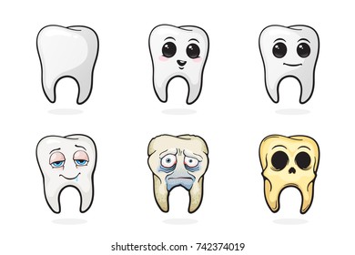 Vector illustration. Human tooths, happy tooth, sad sick tooth and skull of tooth. Symbols of oral hygiene. Set in cartoon style with contour. Isolated on white background