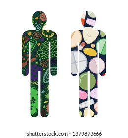 vector illustration of human and visible bacteria and pills for medical monitoring and clinical testing service 