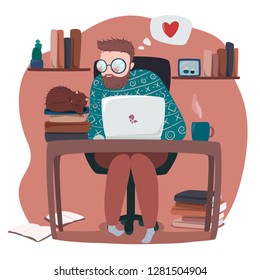 vector illustration of human working on laptop, with sleeping cat on the books