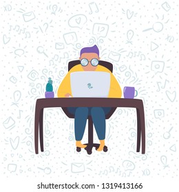 Vector illustration of human in yellow sweatshirt and socks, working on laptop, sitting at the table with cup of coffee and cactus. Isolated on white background with fillers on it.