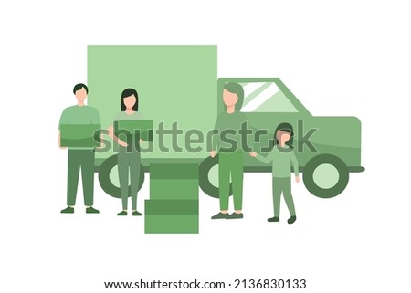Vector illustration of Humanitarian aid concept. Team of volunteers giving help boxes to refuges and humanitarian aid van. Material assistance, governmental help concept.