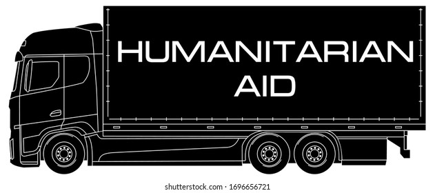 Vector illustration of a humanitarian aid delivery truck, isolated on white background. Monochrome icon. Eps 10.