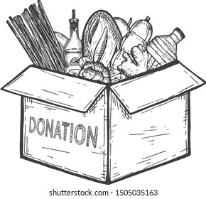 Vector illustration of humanitarian grocery food bank. Donation box with food for charity and volunteering. Help for refugees, homeless and needy people. Vintage hand drawn style.