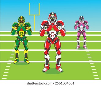 vector illustration of a humanoid robot athlete who has artificial intelligence playing American football or rugby sport using a helmet and wide shoulder protectors. standing guard on the green field