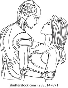 Vector Illustration: Human-Robot Romance in an Intimate Pose, Human-Robot Interaction: Romantic Pose in Vector Art, Robot and Woman in Love: