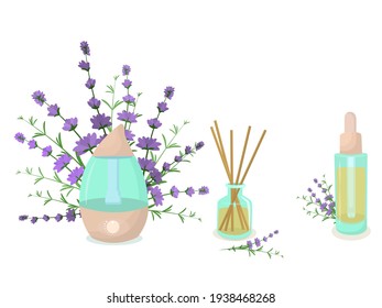 vector illustration of a humidifier diffuser, a fragrance with wooden sticks, and an aroma oil with lavender sprigs in the background. The concept of aromatherapy and healthy lifestyle