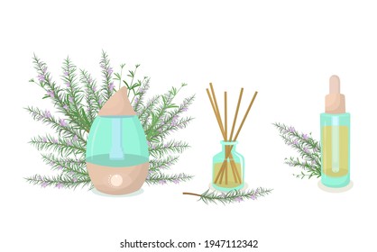 vector illustration of a humidifier diffuser, a fragrance with wooden sticks, and an aromatic oil with rosemary sprigs in the background. The concept of aromatherapy and healthy lifestyle