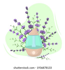 vector illustration of a humidifier diffuser with lavender sprigs on the background. The concept of aromatherapy and healthy lifestyle