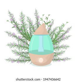 vector illustration of a humidifier diffuser with rosemary sprigs on the background. The concept of aromatherapy and healthy lifestyle