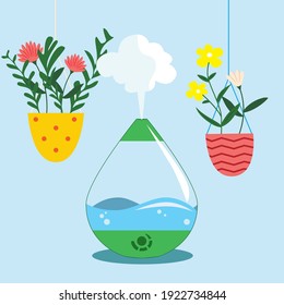 Vector Illustration of Humidifier with House Plants and Flowers. Working Device with Water Vapor 