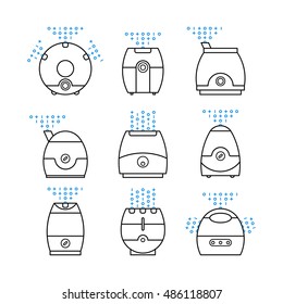 Vector Illustration Of A Humidifier. Line Vector Air Cleaner Icon. Air Purifier Set.