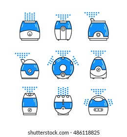 Vector Illustration Of A Humidifier. Line Vector Air Cleaner Icon. Air Purifier Set.