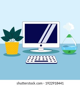 Vector Illustration of Humidifier on Working Place with Computer and House Plants