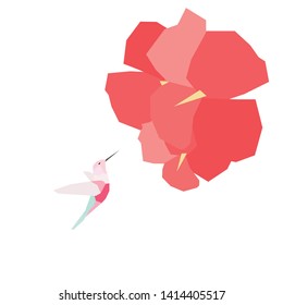 Vector illustration of humming bird with big red flower on white background. Geometrical shapes.