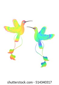 Vector illustration of humming bird with rainbow colored plumage, isolated on white for your design 