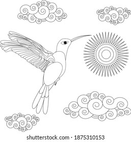 Vector illustration of hummingbird or colibri in the sky isolated on white background for coloring,  monochrome.