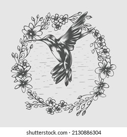 Vector illustration of a hummingbird in flight and surrounded by flowers