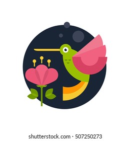 Vector illustration of a hummingbird and flower made in flat style. Cartoon character.