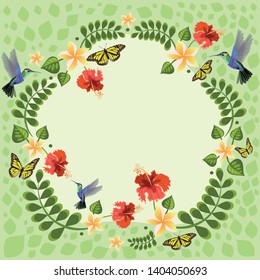 Vector illustration with hummingbirds, butterflies, plumeria and hibiscus. Floral illustrations for invitation wedding cards. Flower card with a wreath of flowers.