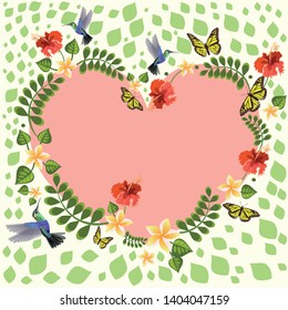 Vector illustration with hummingbirds, plumeria, butterflies, hibiscus. Floral illustrations for invitations, wedding cards. Flowers in a frame in the form of a heart.