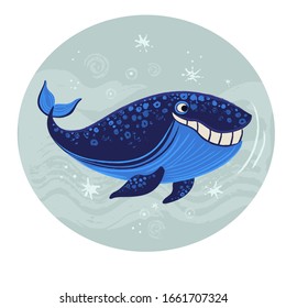 Vector illustration of  humpback whale in circle with stars and waves.