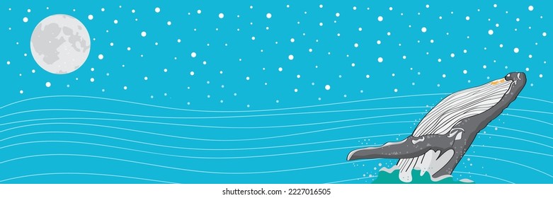 Ilustración vectorial de una ballena jorobada, estrellas y luna llena