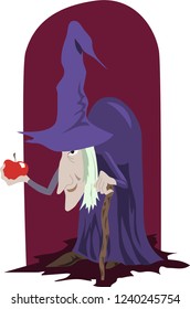 Vector illustration of a hunchbacked old witch dressed in purple, wearing a gabled hat, leaning on a stick and holding a red apple