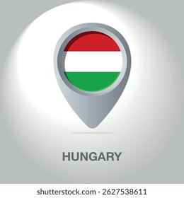 Vector illustration of the Hungarian flag inside the pin icon on the map. A symbolic location marker with the national colors of Hungary on a white background.
