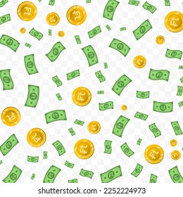 Vector illustration of Hungarian Forint currency. Random pattern of banknotes and coins in green and gold colors on transparent background (PNG). 