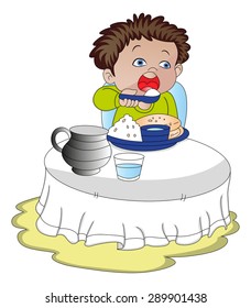 Vector illustration of hungry boy eating food.