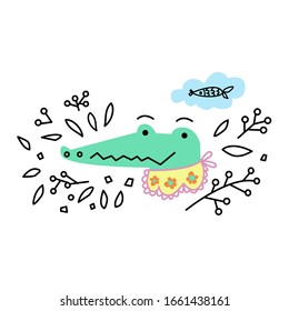 Vector illustration of hungry cute crocodile.Cute alligator cartoon illustration for kids party invitation card.