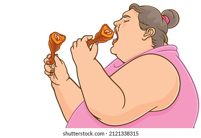 Ilustración vectorial de una mujer gorda hambrienta comiendo un delicioso pollo frito, palillos de pollo, parrilla picante, comida rápida, insalubre, aislada en fondo blanco, Espacio para copias, Buena salud de la gente obesa.