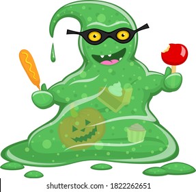 Vector illustration of a hungry, happy, Halloween-themed cartoon blob monster eating a variety of autumn foods.