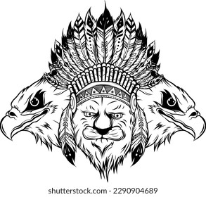 vector illustration of a hungry leopard style doodle art in the image of Indian with feathers