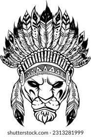 vector illustration of a hungry leopard style doodle art in the image of Indian with feathers