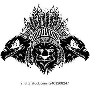 Vektorgrafik einer hungrigen Leopardenkunst im indischen Stil mit Federn, die auf einem T-Shirt gedruckt werden